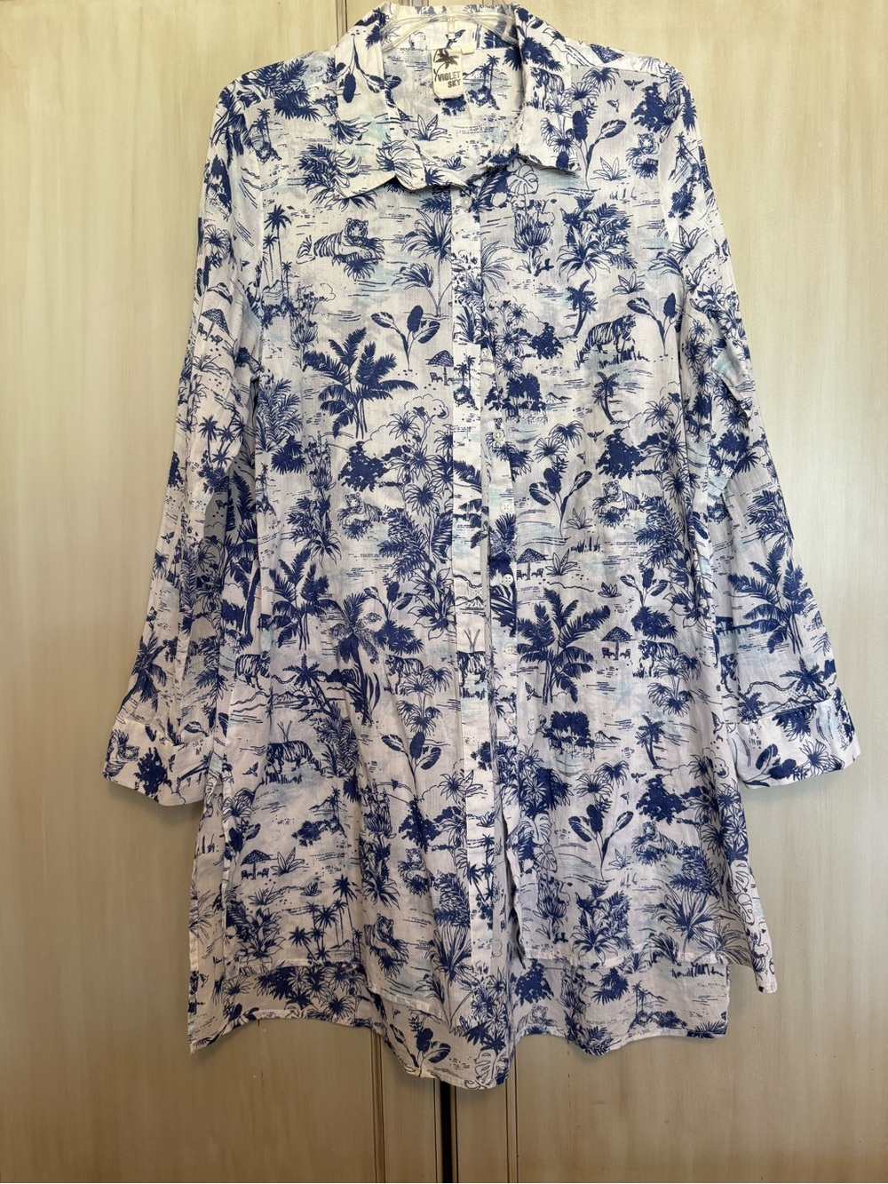 Violet Sky Blue & White Tropical Print Shirt Swim Cover Up - Picture 2 of 9